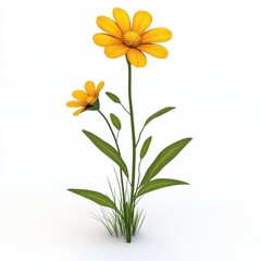 Bright Yellow Flower with Green Leaves on White Background