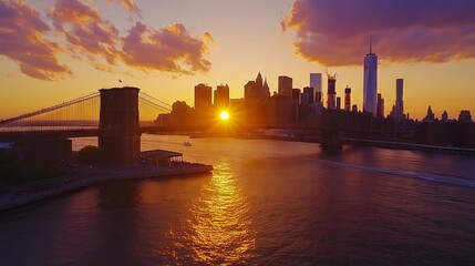 Obraz premium A stunning sunset over the Brooklyn Bridge offers a vibrant NYC skyline and bustling life.