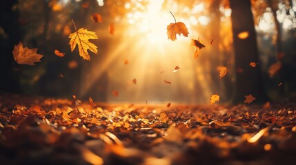 Golden Autumn Leaves Falling Through Sunlit Forest