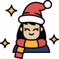 A cartoon girl with a red hat and a red scarf is smiling