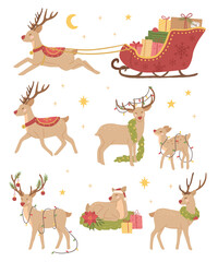 Christmas vector illustration of different random reindeer decorations 