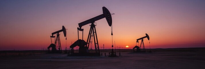 Fototapeta premium Oil Rigs Silhouetted Against a Dramatic Sunset