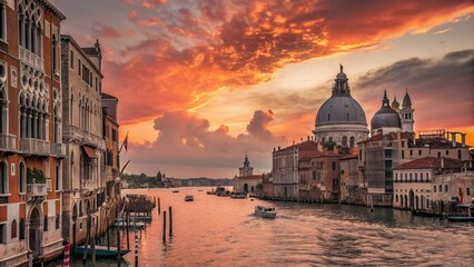 Naklejka premium Vintage Style Photography of a Futuristic Digital Landscape in Venice at Sunset, Blending Classic Elements with Modern Technology and Dreamlike Atmosphere