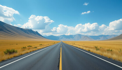 Serene Mountain Road Trip: Endless Open Road Through Golden Plains