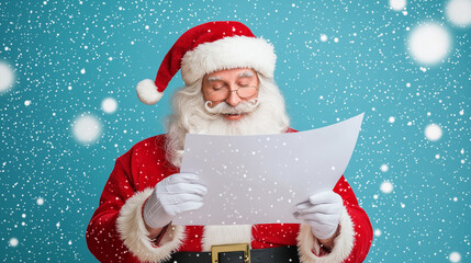 Santa Claus in a red suit reads a letter, Santa Claus in a red hat, red suit, reads a white paper sheet on a blue background, generative ai
