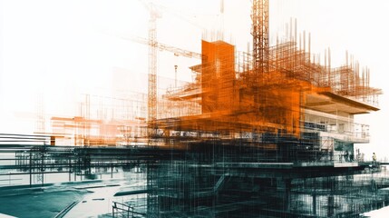 Fototapeta premium future building construction engineering project concept with double exposure graphic design Building engineer, architect people or construction worker working with modern civil equipment technology