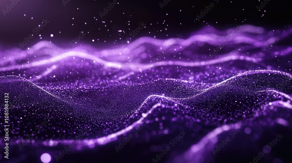 Poster digital purple particles wave and light abstract background