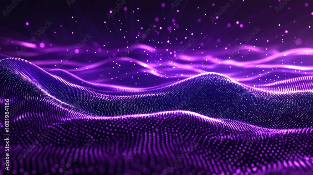 Poster digital purple particles wave and light abstract background