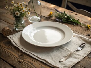 Vintage Style Photography of a Plain White Dinner Plate Elegantly Set on a Rustic Wooden Table Surrounded by Soft Natural Light and Subtle Textures for a Timeless Dining Experience