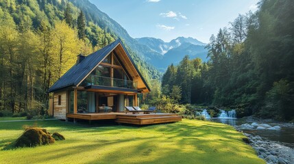Modern wooden cabin with deck overlooking a mountain river in a green valley.