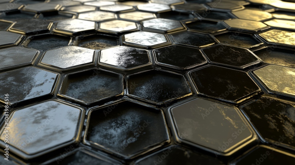 Poster Black Hexagonal Tiles Pattern with Glossy Surface Reflecting Light in a Modern Abstract Design Suitable for Backgrounds or Textures in Various Creative Projects