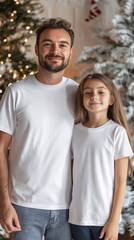 Obraz premium Mockup of a White T-Shirt Blank Shirt Photo with Christmas, White unisex t shirt with a xmas decor on wooden background top view. Blank Christmas shirt mock up