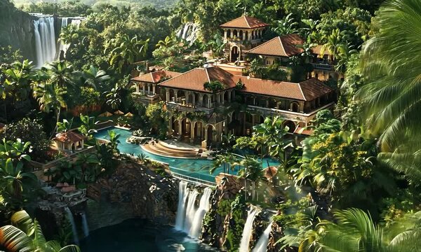 Luxury estate on the edge of a volcanic crater, featuring grand entrance and opulent detailing, with a panoramic view of lush tropical rainforest and cascading waterfalls