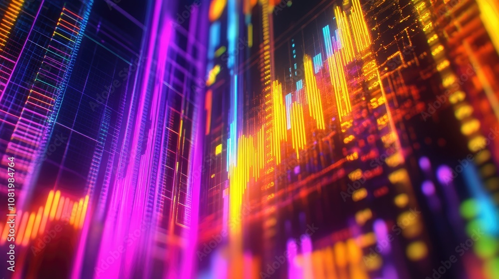 Poster abstract depiction of financial graphs and charts in neon colors