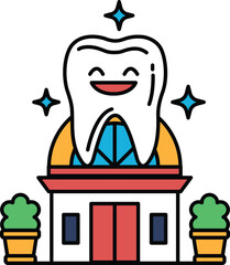A smiling tooth is sitting on top of a building