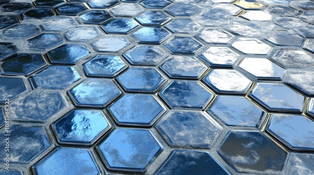 Aufkleber Reflective Hexagonal Tiles Creating a Unique Pattern with Natural Reflections of Sky and Surroundings in a Modern Architectural Setting