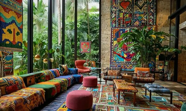 Bohemian hotel lobby with vibrant textiles, eclectic decor, and a view of a lush garden