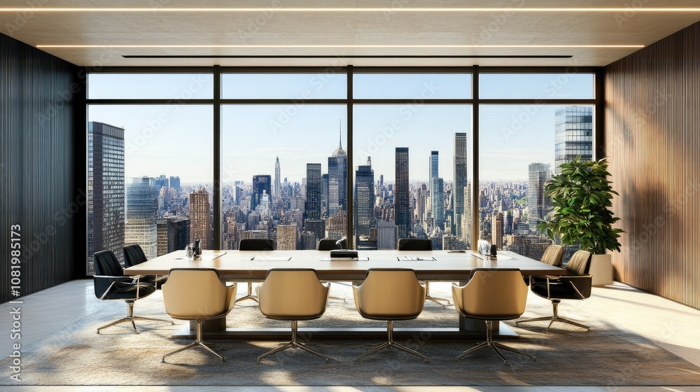 Poster modern boardroom with a large window view of a cityscape