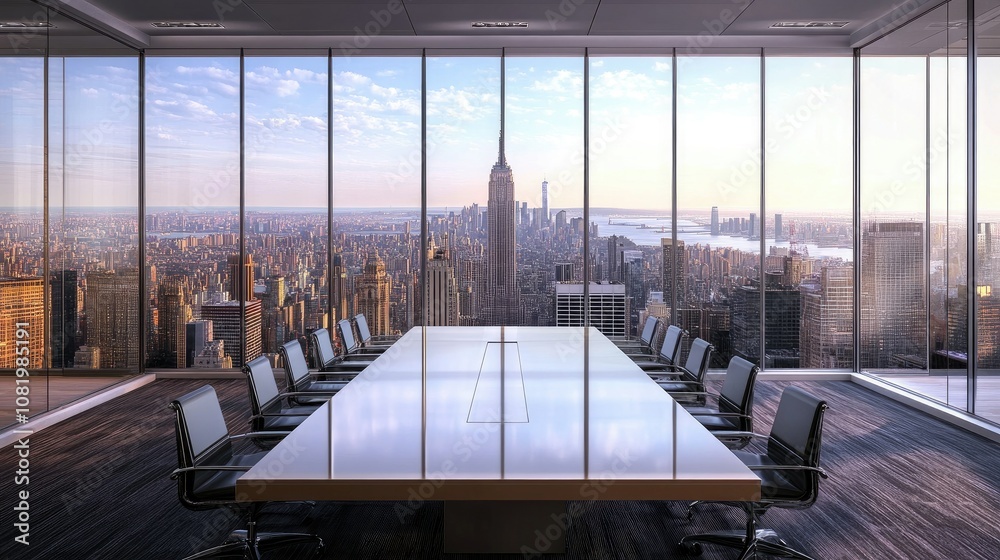 Poster modern boardroom with a large window view of a cityscape