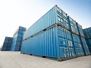 Fototapeta premium Vintage Style Photography of Blue Containers for Goods Transportation on a White Background, Representing the Cargo Freight Shipping and Logistics Industry
