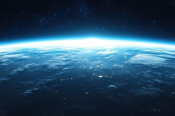 Fototapeta premium Ethereal view of earth from space with glowing horizon and starry sky