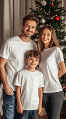 Fototapeta premium Mockup of a White T-Shirt Blank Shirt Photo with Christmas, White unisex t shirt with a xmas decor on wooden background top view. Blank Christmas shirt mock up
