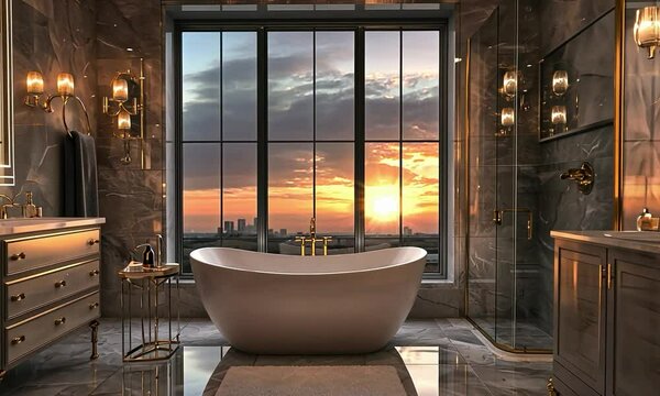 Hollywood Glam bathroom with luxurious finishes, opulent details, and a view of a scenic mountain range
