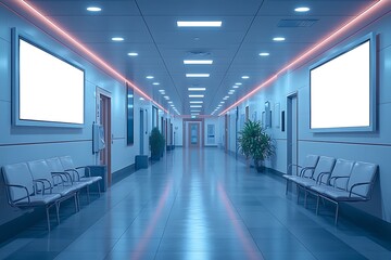 Fototapeta premium A mockup of an empty white poster on the wall in modern hospital waiting room with comfortable chairs and medical equipment. empty white blank poster on white wall in hospital, white board.