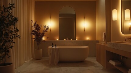 Modern bathroom with bathtub, candles, and wooden cabinet