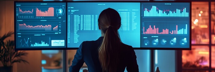 Businesswoman Analyzing Financial Data on Multiple Monitors