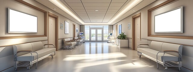 Fototapeta premium A mockup of an empty white poster on the wall in modern hospital waiting room with comfortable chairs and medical equipment. empty white blank poster on white wall in hospital, white board.