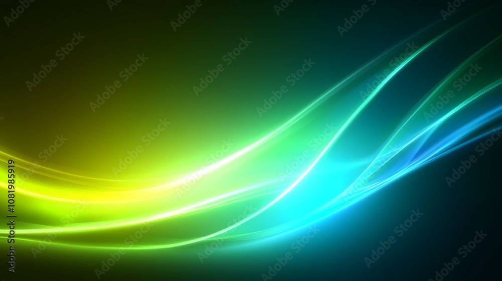 Poster Abstract Light Waves with Gradients of Green and Blue Colors Flowing Across a Dark Background Creating a Dreamlike Atmosphere for Modern Design Projects