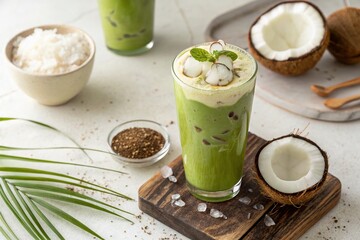 Vintage Style Photography of Iced Latte Green Matcha Tea with Coconut on a White Background, Captured from Above for a Fresh and Inviting Aesthetic