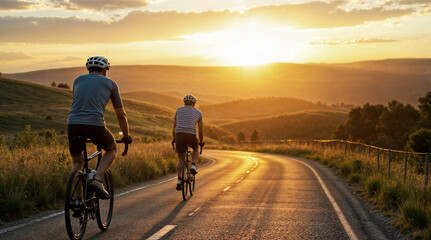 Cyclists Riding on Scenic Road at Sunset