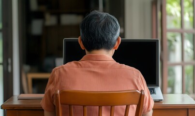 Asian man using laptop with black blank screen in home office sitting at desk, Generative AI