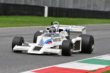 Fototapeta premium Scarperia, Italy - October 12th 2024: Shadow DN8 of year 1977 ex Tom Pryce drive by unknown in action during practice session at Mugello Circuit.