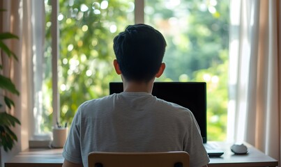 Asian man using laptop with black blank screen in home office sitting at desk, Generative AI