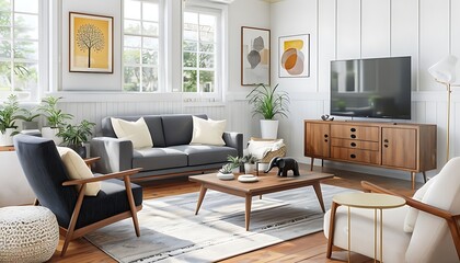 Modern living room interior, a living room with a couch, coffee table, and a TV.