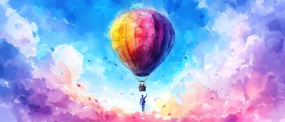 Obraz premium A colorful hot air balloon floats above vibrant clouds, creating a dreamy atmosphere, evoking feelings of adventure and freedom.