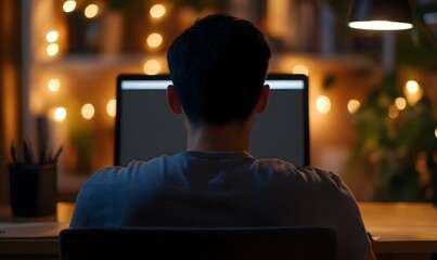 Asian man using laptop with black blank screen in home office sitting at desk, Generative AI