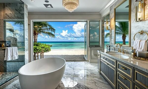 Hollywood Glam bathroom with luxurious finishes, opulent details, and a view of a scenic mountain range
