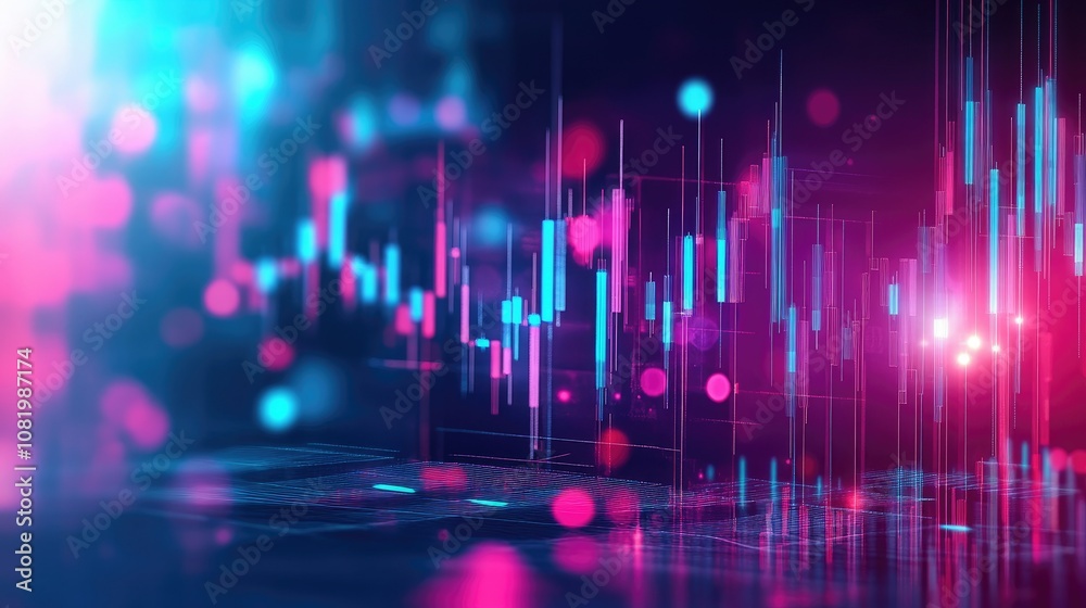 Poster abstract depiction of financial graphs and charts in neon colors
