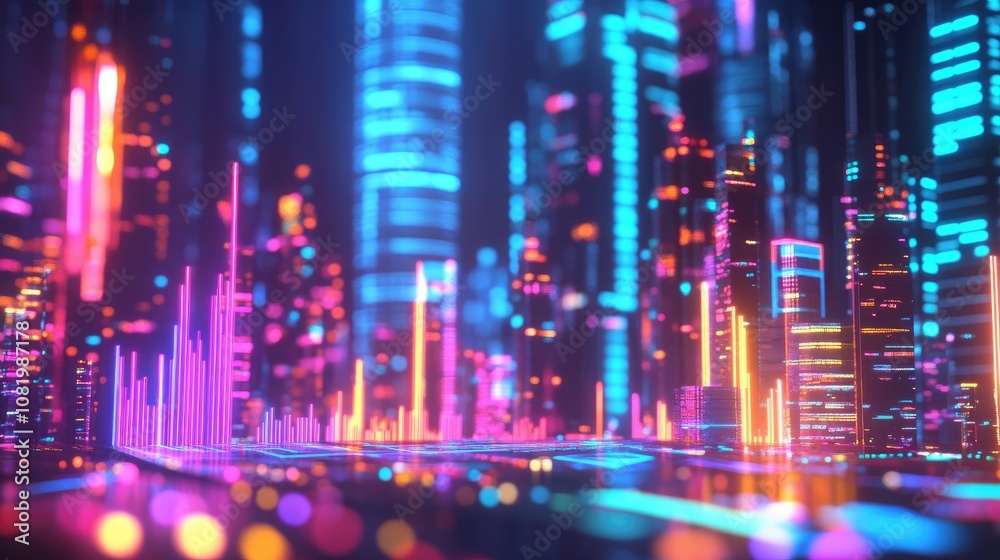 Poster abstract depiction of financial graphs and charts in neon colors