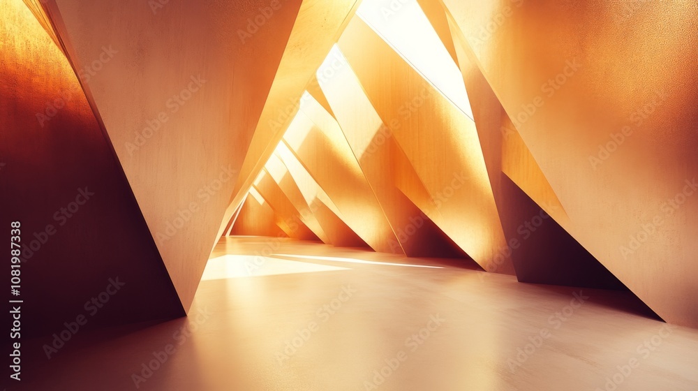 Fototapete abstract geometric interior space with golden angled structures, captivating light reflections, show