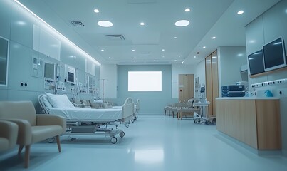 A mockup of an empty white poster on the wall in modern hospital waiting room with comfortable chairs and medical equipment. empty white blank poster on white wall in hospital, white board.