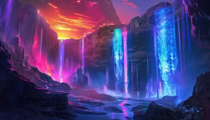 A Colorful Waterfall in a Fantasy Canyon