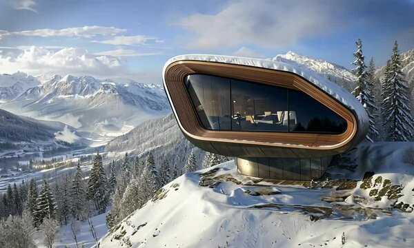 Futuristic log cabin on a snowy peak, featuring advanced energy systems and efficient insulation, showcasing a picturesque view of a forested valley and distant mountains