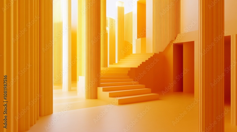 Leinwandbilder abstract interior with gradients of orange and yellow featuring stylized columns and stairs creating