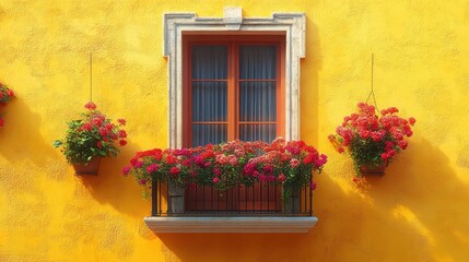 Naklejka premium Vibrant window with flower pots on a bright yellow wall.