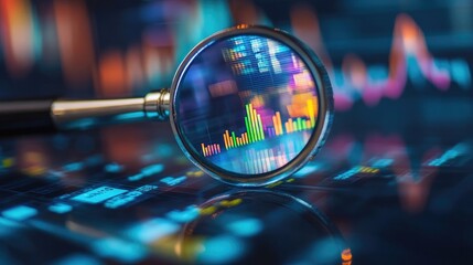 Close-up of a Magnifying Glass Over Financial Data Charts and Graphs, Symbolizing Market Analysis, Business Insights, and Detailed Examination of Economic Trends in a Digital Environment.